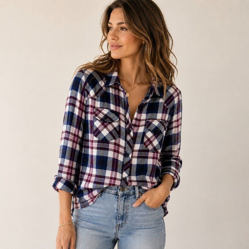 Rails Hunter Plaid Button Up Shirt Purple Blue Pink Size S Boho Layering Top